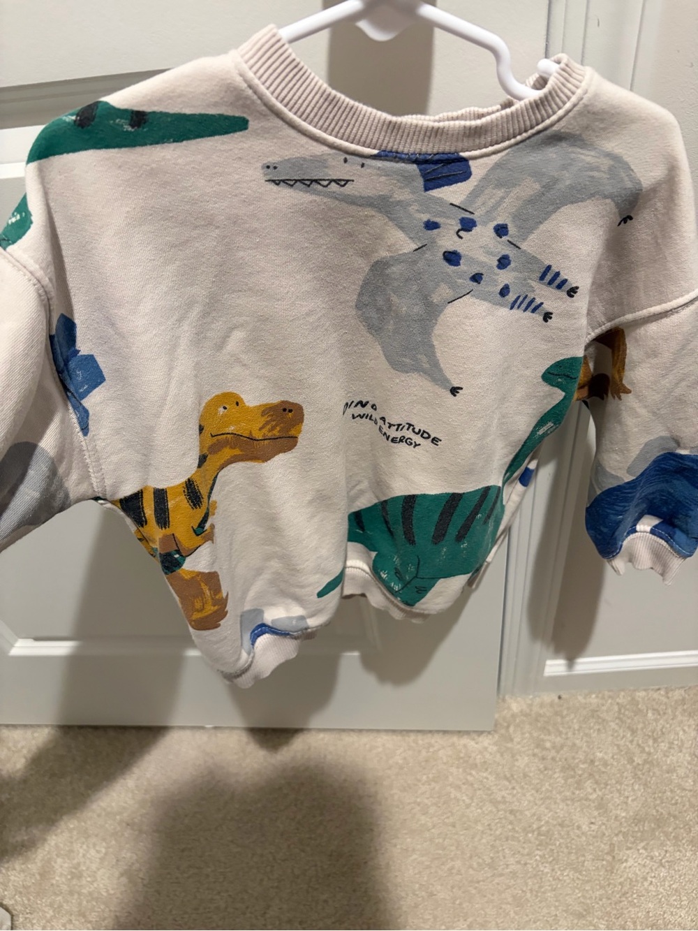 Zara Cream Sweatshirt with Green, Blue & Yellow Dinosaur Print